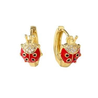Imagem de Joaninha Vermelha Preta Esmalte CZ Brincos de Argola para Mulheres Hipoalergênicos Bonito Banhado a Ouro Inseto Besouro Animal Abraço Argolas Exclusivas Moda Jóia 12 mm