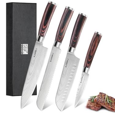 Imagem de Conjunto de facas de cozinha de 4 peças, conjunto profissional de facas de chef ultra afiadas, facas de cozinha de aço inoxidável de alto carbono com cabo ergonômico Pakkawood para cozinhar, casa e