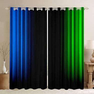 Imagem de Cortinas geométricas abstratas ombré para quarto, sala de estar, crianças, meninos, adolescentes, azul, verde e preto, cortinas listradas, decoração moderna, moderna, cortinas de janela, tratamentos
