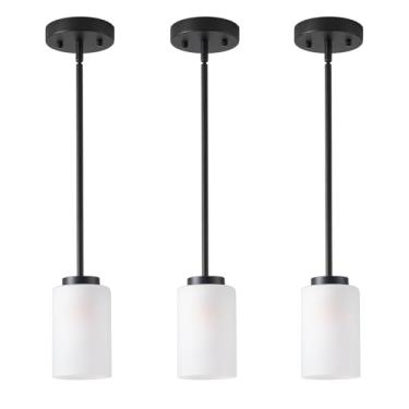 Imagem de Youroke Pacote com 3 luminárias pendentes, luzes suspensas de ilha de cozinha de fazenda interna, mini luzes pendentes pretas com sombra de vidro branco para sala de estar quarto corredor