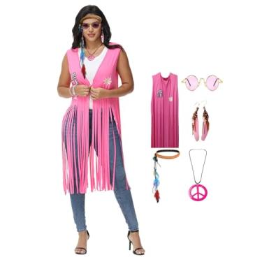 Imagem de SENLI Roupas Hippie dos anos 60 e 70 para mulheres, fantasia de Halloween, colete com franja, acessórios para discoteca dos anos 70 (Rosa-2, GG)