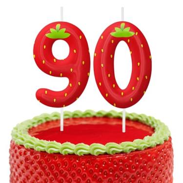 Imagem de Velas de aniversário de morango, decoração de topo de bolo de 6 cm, número 90 velas, decorações de aniversário, decorações de bolo de festa de aniversário, suprimentos de festa