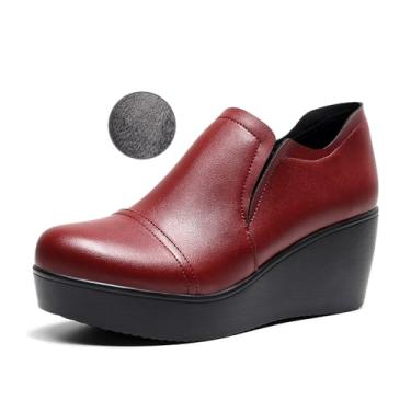 Imagem de NEJKG Botas femininas de couro com salto cunha sem cadarço confortáveis bico redondo plataforma antiderrapante botas de cano curto casual compras caminhada mocassins, Cor vermelho vinho - veludo, 38