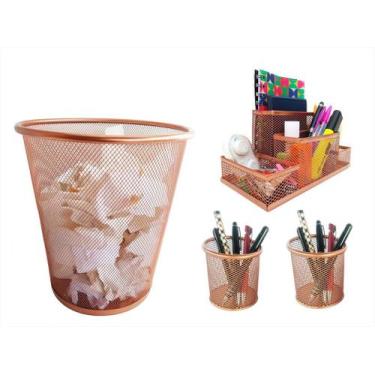 Imagem de Kit Organizador, Porta Caneta e Lixeira Rose Gold Escritório - Markys 