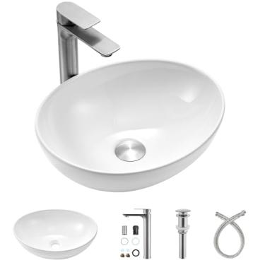 Imagem de Xiiwin Pia de vaso de banheiro oval branca de 40,6 cm com torneira, 40,6 cm x 33 cm acima do balcão elipse de porcelana cerâmica conjunto de pia de vaso de banheiro com torneira e ralo prateados
