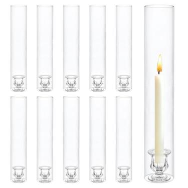 Imagem de Conjunto de 10 castiçais de vidro Hurricane, suporte de vela de vidro cilíndrico de 30,5 cm de altura em forma de tubo sem fundo e castiçal de 6,3 cm transparente para festa de casamento e Natal