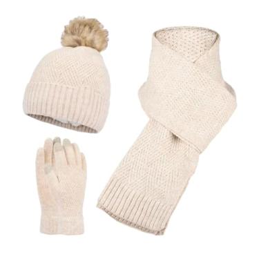 Imagem de Conjunto de gorro de lã de inverno para mulheres, homens, cachecóis e luvas, cáqui