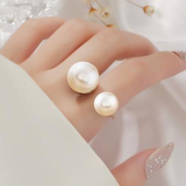 Imagem de Anel de declaração de bolas duplas para mulheres, banhado a ouro, moderno, ajustável, compromisso, bola grande, envoltório aberto, anéis de dedo, ajuste confortável, casamento, Halloween, Natal, joias