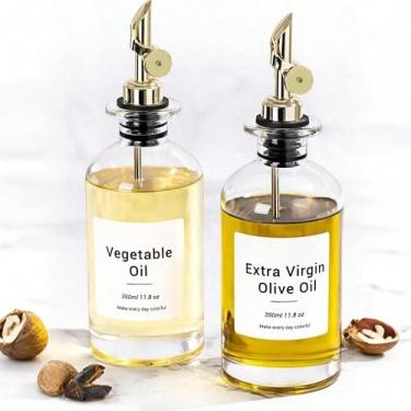 Imagem de Garrafas de azeite de oliva/óleo vegetal de 350 ml com bomba à prova de vazamento, galheteiro de cozinha elegante para cozinhar, assar e grelhar, inclui adesivo de etiqueta aleatória