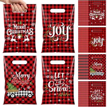 Imagem de Thyle 48 peças de sacos de Natal vermelho preto xadrez brindes de Natal, lembrancinhas de festa, doces, presente de plástico, bolsa a granel para lembrancinhas de festa de Feliz Natal