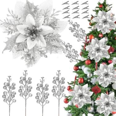Imagem de 24 peças de decoração de árvore de Natal, flores artificiais de poinsétia com purpurina, 14 cm, 21 cm, hastes de bagas com glitter, hastes artificiais de árvore de Natal, guirlanda de Natal, faça você