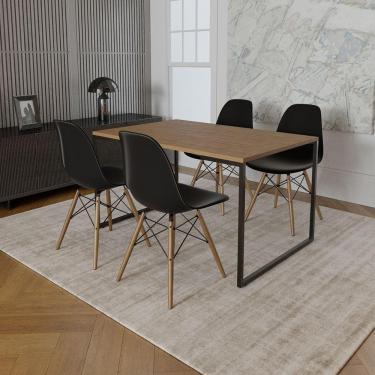Imagem de Mesa Industrial Base De Ferro Preto Tampo 137X90 Amêndoa 4 Cadeiras Madeira Assento Preto Preto