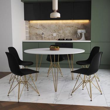 Imagem de Mesa Jantar Redonda 110Cm Branca Clips 3 Pés Com 5 Cadeiras Eames Eiffel Pretas Base Dourada