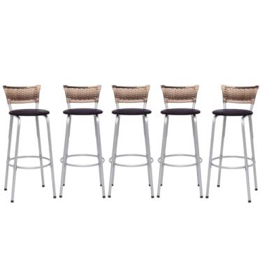Imagem de Banqueta Altas Junco Cappuccino Estrutura Prata 70cm Para Balcão Cozinha, Bar, Bistrô, Americano Kit 05 Unidades - Itagold (Marrom Escuro)