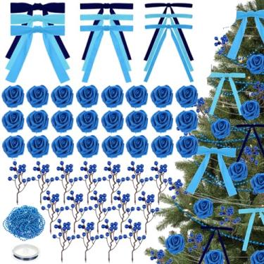 Imagem de LOYIM Conjunto de 78 peças de decoração de árvore de Natal rosa azul inclui laços de veludo rosa falso, palitos de bagas, guirlanda de pérola, enfeites de veludo, laços de Natal para decoração de