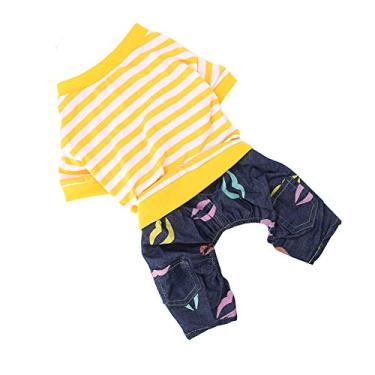 Imagem de Yctze Pijama Listrado para Cachorro e Gato, Macacão de Algodão – Roupa Confortável Amarela e Branca para Animais de Estimação Pequenos (L)