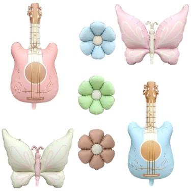Imagem de 7 balões de borboleta roxa, com balões de guitarra e flores, decorações de festa de aniversário de fadas, kit de arco de balão, suprimentos de festa Alice no País das Maravilhas. (rosa creme branco)