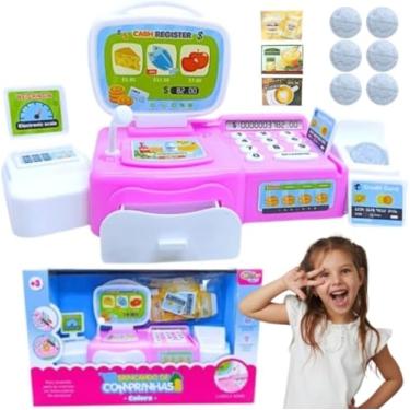 Imagem de Mercadinho Caixa Registradora Infantil Rosa, 12 Peças com Sons, Display Digital, Cartão de Crédito e Acessórios, para Crianças 3+ Anos