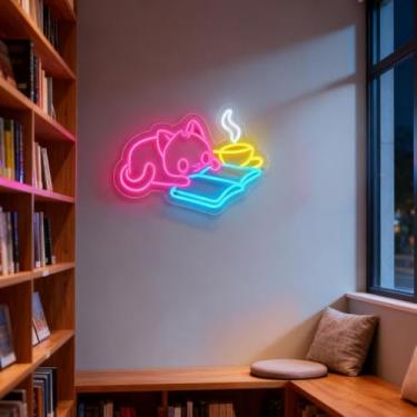 Imagem de Neonawall Reading Pink Cat Neon Sign for Wall Decor Light Up Letters Led Sign Birthday Party Gifts Led Decorative Night Signs Reading Room Decor Girls’ Gift for Bookstore Library Student Dorm Bedroom