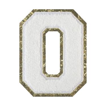 Imagem de 1 PÇ Patch de letra de chenille de ferro branco de 11,4 cm com borda dourada – Remendos do alfabeto para roupas, jaquetas, mochilas, chapéus para decoração personalizada, nome personalizado e