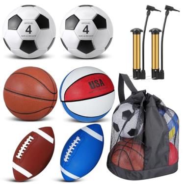 Imagem de Lenwen Conjunto de 6 bolas esportivas para crianças e adolescentes, inclui bola de futebol de basquete tamanho oficial com bolsas e bombas de equipamento esportivo para operação de prática de