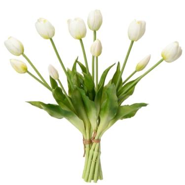 Imagem de Tulipas artificiais, flores de látex de toque real de 15,8 polegadas, buquê rosa e branco com 15 hastes para decoração de casa (10, branco)