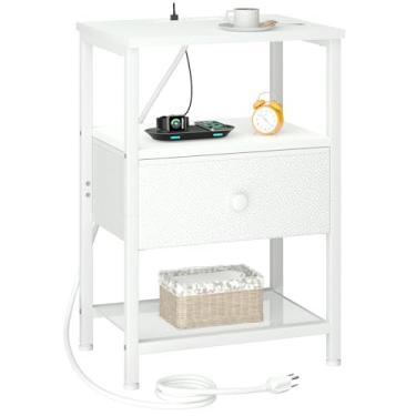 Imagem de LOAKEKEL Mesa de cabeceira branca, mesa de cabeceira com estação de carregamento, mesa de canto com gaveta de tecido de armazenamento para quarto, mesa lateral de cama pequena com portas USB e saídas