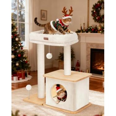 Imagem de Nordic Loft Torre de árvore para gatos com poste para arranhar, torre moderna para gatinhos com poste para arranhar, arranhador de sisal, condomínios aconchegantes, cama acolchoada para gatos internos