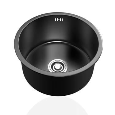 Imagem de PVXMQFFA Mini pia de cozinha preta, pias pequenas redondas de aço inoxidável 304, pia de caravana de tigela única com encaixes de escorredor e transbordamento para bar, restaurante, montagem inferior