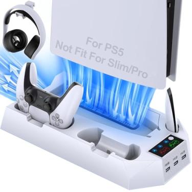 Imagem de UGAME Suporte PS5 Pro para todos os modelos de PS5, estação de resfriamento PS5 para PS5 Slim/Pro/Original com 2 estações de carregamento de controles PS5, ventilador de resfriamento silencioso de 3