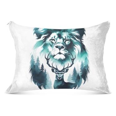 Imagem de Capas de almofada de flanela com estampa de veado leão legal padrão king queen size pintura capa de travesseiro grande para cama, tamanho king, 50,8 cm x 101,6 cm
