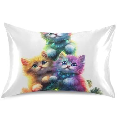 Imagem de Capas de almofada de cetim de cetim de gato fofo de Natal capa de travesseiro padrão queen king decoração de cama, tamanho king, 101,6 cm x 50,8 cm