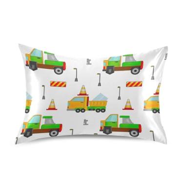 Imagem de Fronhas de almofada floral desenhos animados veículos de construção branco padrão king queen fronha de cetim refrescante para casa cama sofá impressão divertida tamanho king size 101,6 cm x 50,8 cm