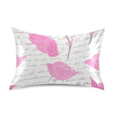 Imagem de Fronha de travesseiro refrescante estampa padrão King Queen fronha de cetim macio para cama tamanho queen 76.2 cm x 50.8 cm flores rosa letra branca