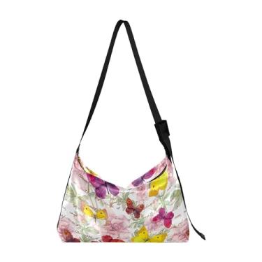 Imagem de Bolsa feminina de couro com folhas de bordo de abóbora de Ação de Graças Hobo Cross Body Bolsa masculina com estampa de folhas elegantes bolsas femininas de outono, Borboleta de flor colorida