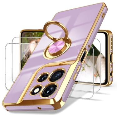 Imagem de Dretal Capa para Motorola Moto G Power 5G 2026, 2x protetor de tela, suporte magnético giratório de 360°, borda dourada banhada a ouro, capa protetora fina de TPU macio para Moto G Power 5G 2026-roxo