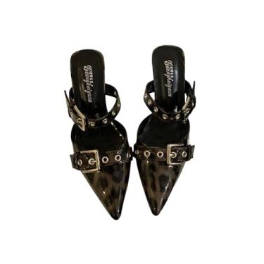 Imagem de MakeMeChic Sapato feminino com estampa de guepardo, bico fino, couro PU, salto médio Y2K, Preto, 37