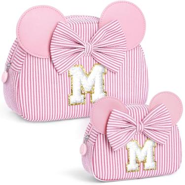 Imagem de QLOVEA Presentes de Natal para netos, bolsa de cosméticos inicial, bolsa de maquiagem de viagem, presentes de aniversário personalizados para crianças, rosa