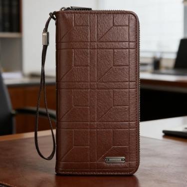 Imagem de Carteira masculina casual em relevo de couro longo com zíper único, vários compartimentos para cartão de crédito e função segura, design texturizado de grande capacidade (areia)
