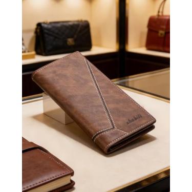 Imagem de Carteira masculina ultrafina de grande capacidade, carteira longa de couro com bloqueio de RFID e vários compartimentos para cartões, organizador casual com design fino (cáqui profundo)