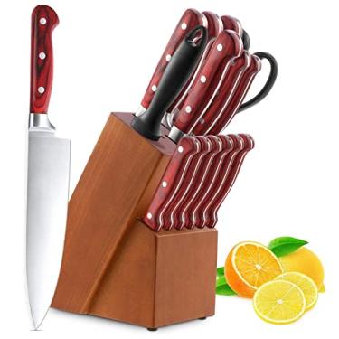 Imagem de Conjunto de cortador de cozinha de 15 peças SIWOTED Homgeek com bloco de madeira manual de autoafiação para conjunto de cortador de chef Cortadores alemães 1.4116 de aço inoxidável