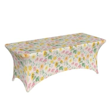 Imagem de XBFCDN Toalha de mesa elástica floral de primavera – Capa de mesa retangular com bolsos para os pés, toalha de mesa elástica lavável para festas/casamentos/banquetes