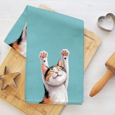 Imagem de Toalhas de cozinha para gatos fofos, utensílios de mesa decorativos absorventes de microfibra pano de prato toalha de chá, toalhas de mão verdes duráveis para cozinha, casa, banheiro, presentes para