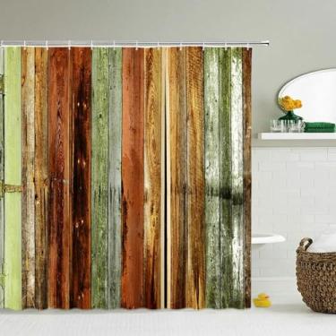 Imagem de Cortina de chuveiro de banheiro 3D com padrão de tijolos de madeira à prova d'água para banheira, tela de banho, ganchos grandes e largos 53 x 79 pol. - 135 x 200 cm/LxA, cortina de chuveiro Boho