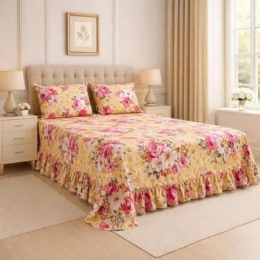 Imagem de Kit Lençol Queen 3 Peças Micropercal Toque de Algodão com Babado e Fronhas Premium (Floral Verão)
