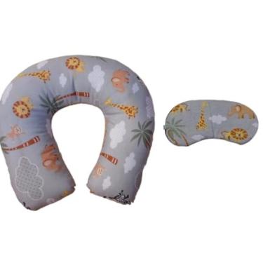 Imagem de Almofada de Pescoço para Viagem com Máscara – Travesseiro Apoio Cervical Confortável em Algodão(safari cinza)