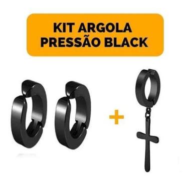 Imagem de Kit Brinco Masculino Pressão Aço Argola Preta com Cruz-Unissex