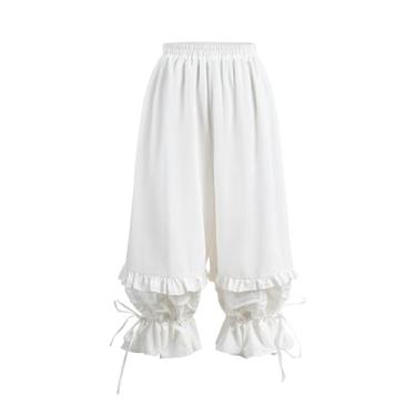 Imagem de NSPSTT White Bloomers Calça feminina longa Lolita Bloomers shorts abóbora com babados calças vitorianas, tamanho M