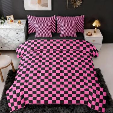 Imagem de jejeloiu Conjunto de edredom infantil rosa quadriculado com lençol de casal geométrico, xadrez, 7 peças, para decoração de quarto de meninos e meninas, retrô, clássico, em uma bolsa, respirável, macia