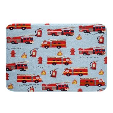 Imagem de Tapete de banheiro de microfibra de caminhão de bombeiros veículos carro antiderrapante tapete de banheiro desenho de carro absorvente desgrenhado tapete para decoração de quarto vermelho azul banheiro capacho interno 40,64 x 60,96 cm